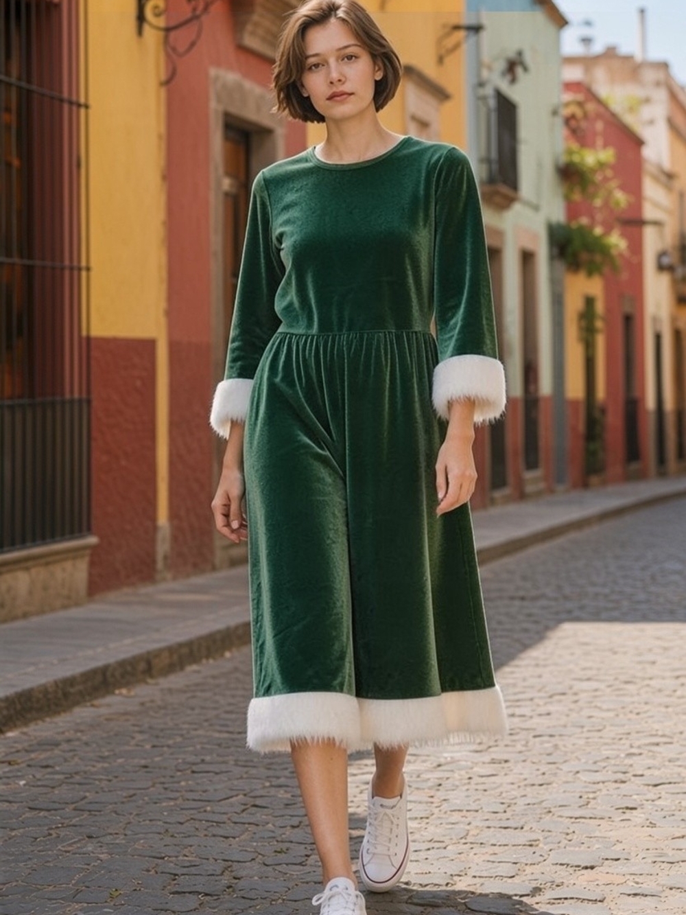 Holiday Time Girls 10-12 Green Velvet Christmas Dress Faux Fur Trim  Elf Festive